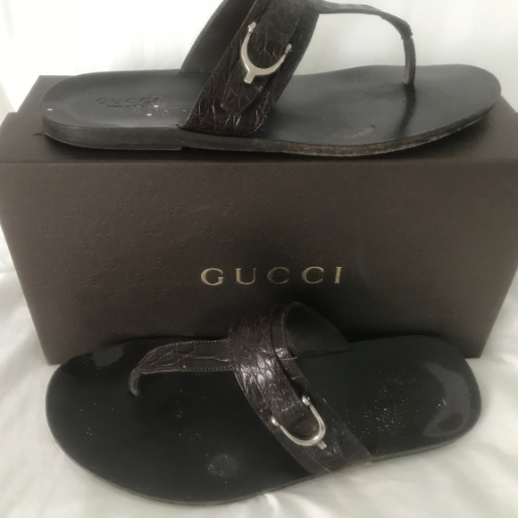 Gucci Brown Embossed Leather Sandals